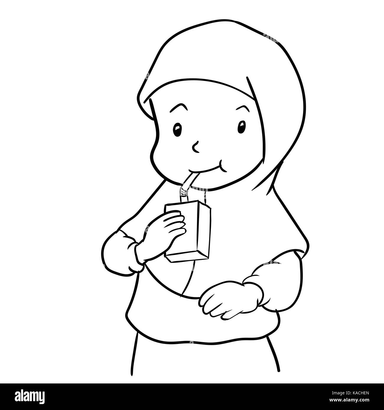 Hand drawing of muslim girl drinking milk isolated on white background. Black and White simple line Vector Illustration for Coloring Book - Line Drawn Stock Vector