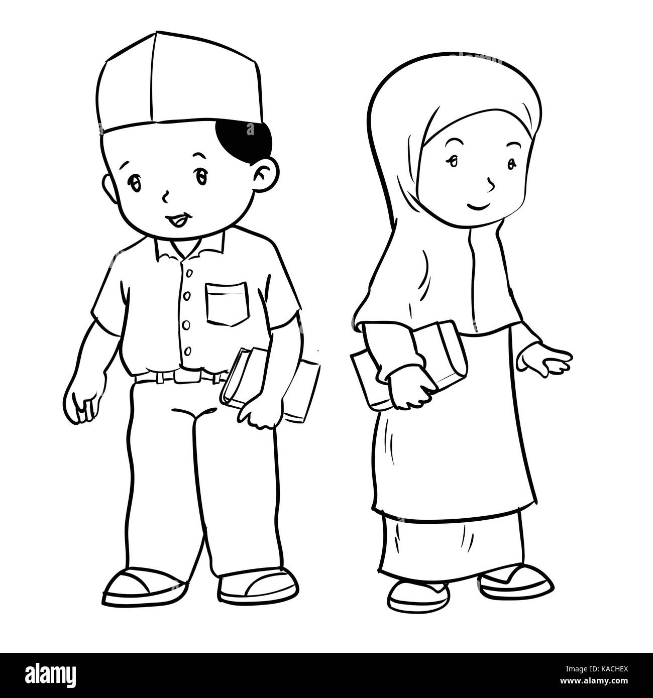 Hand drawing of muslim kids standing isolated on white background. Boy and girl students standing, Black and White simple line Vector Illustration for Stock Vector