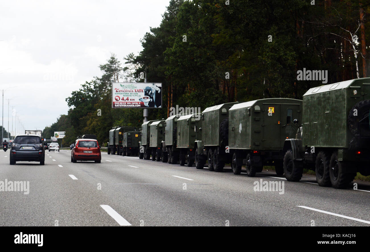 A Ukrainian army convoy heading to East to the conflict zone in East Ukraine. Stock Photo