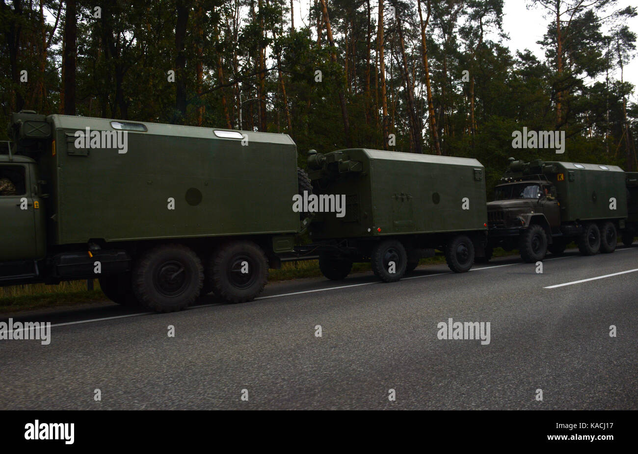 A Ukrainian army convoy heading to East to the conflict zone in East Ukraine. Stock Photo