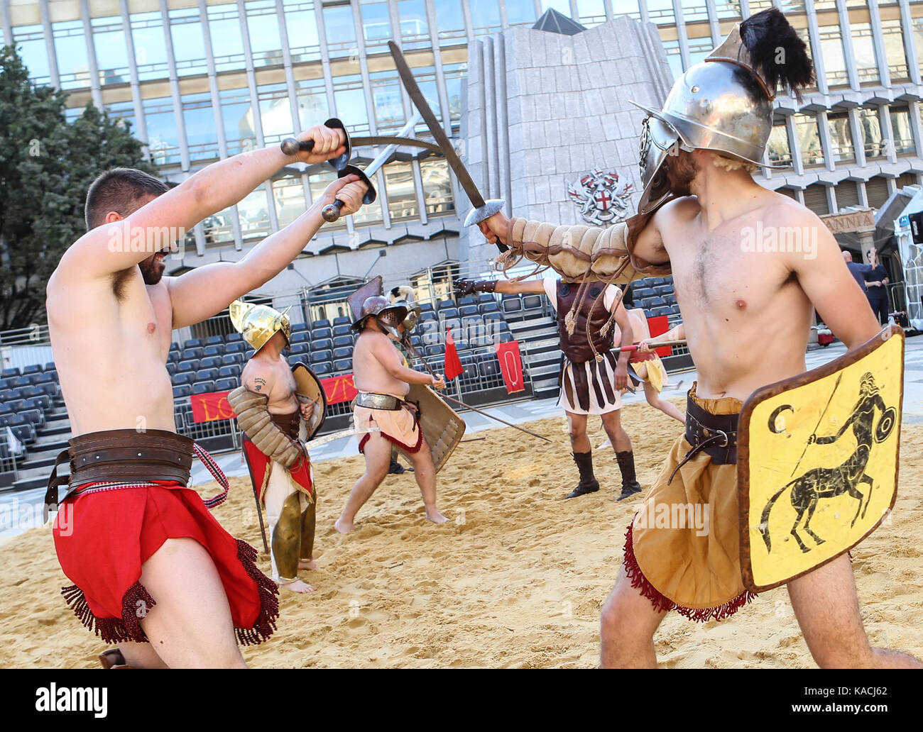 Gladiators fight it out in an epic battle of swords and shields as part of Londinium, a season of events hosted by the City of London Corporation. The Gladiator Games, staged by the Museum of London, run until Monday 29th August 2017.  Where: London, United Kingdom When: 25 Aug 2017 Credit: John Rainford/WENN.com Stock Photo