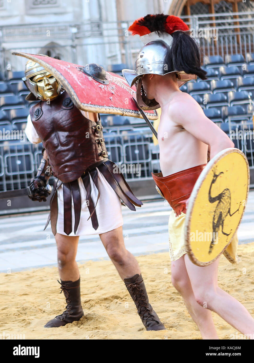 Gladiators fight it out in an epic battle of swords and shields as part of Londinium, a season of events hosted by the City of London Corporation. The Gladiator Games, staged by the Museum of London, run until Monday 29th August 2017.  Where: London, United Kingdom When: 25 Aug 2017 Credit: John Rainford/WENN.com Stock Photo