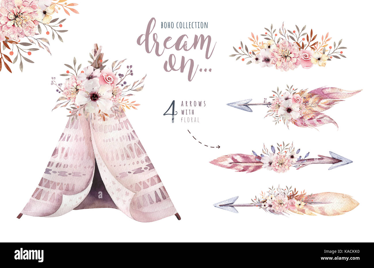 Watercolor colorful ethnic set of arrows, teepee and flowers in native ...