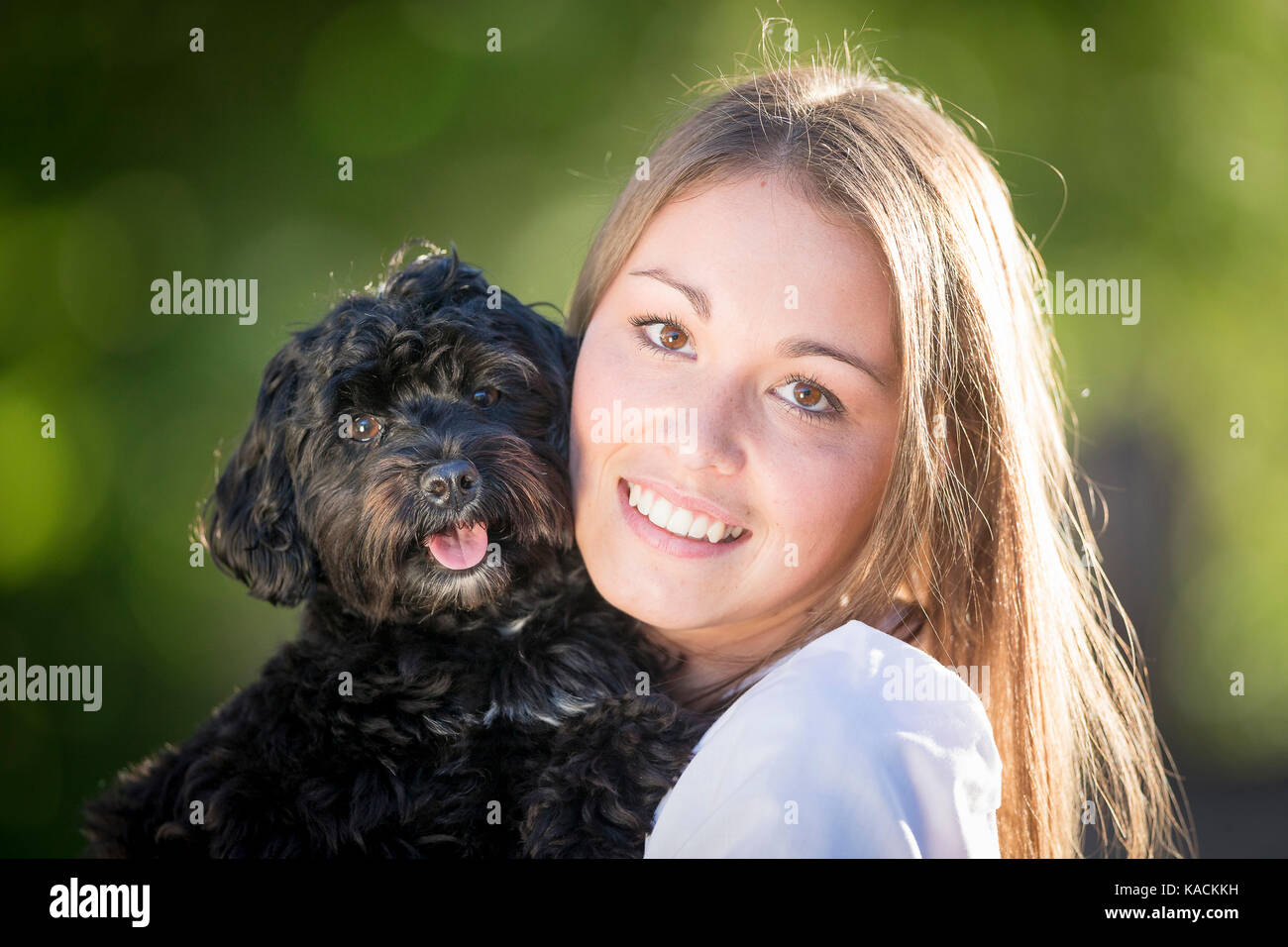 Maltipoo (Maltese x Toy Poodle). Smiling woman cheek to cheek with black and tan dog. Germany Stock Photo