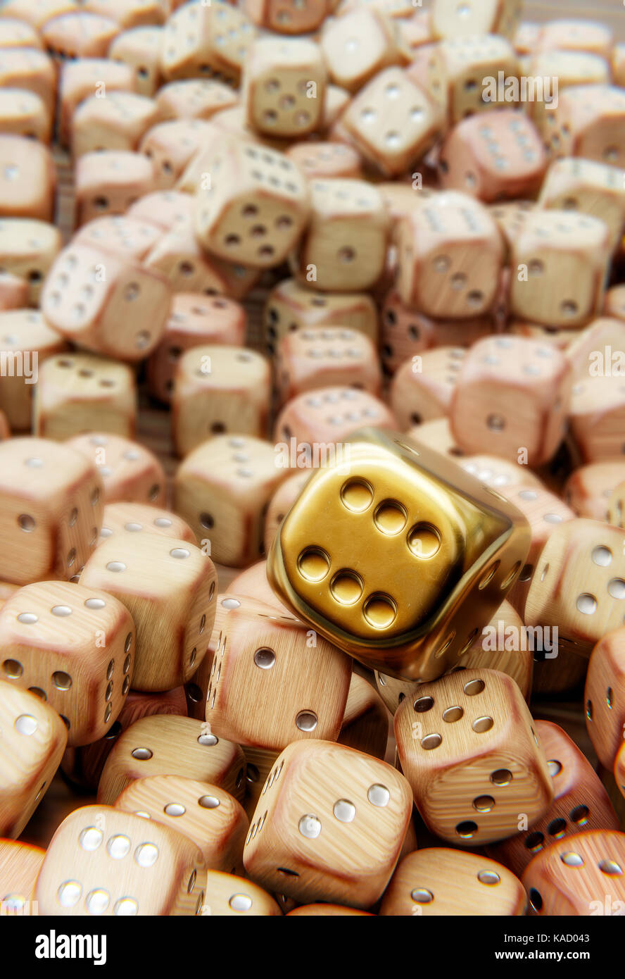 Unique big golden dice, many wooden dice Stock Photo