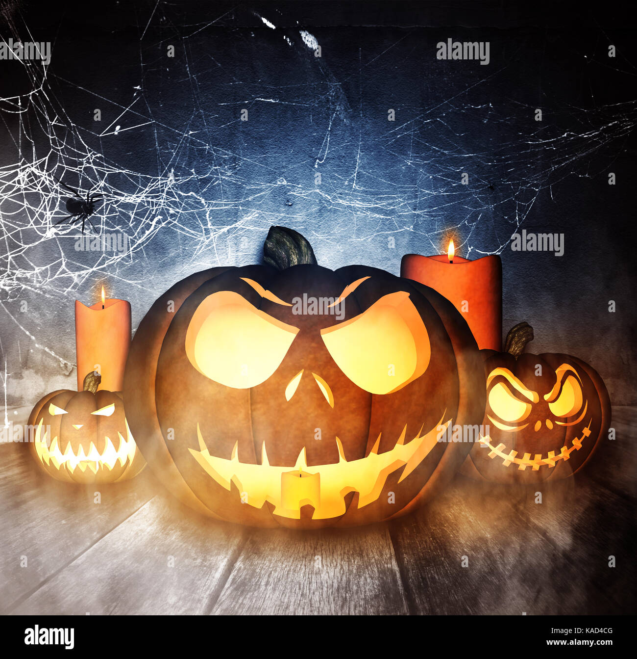 3d illustration of Halloween pumpkins on wooden floor background,Mixed ...
