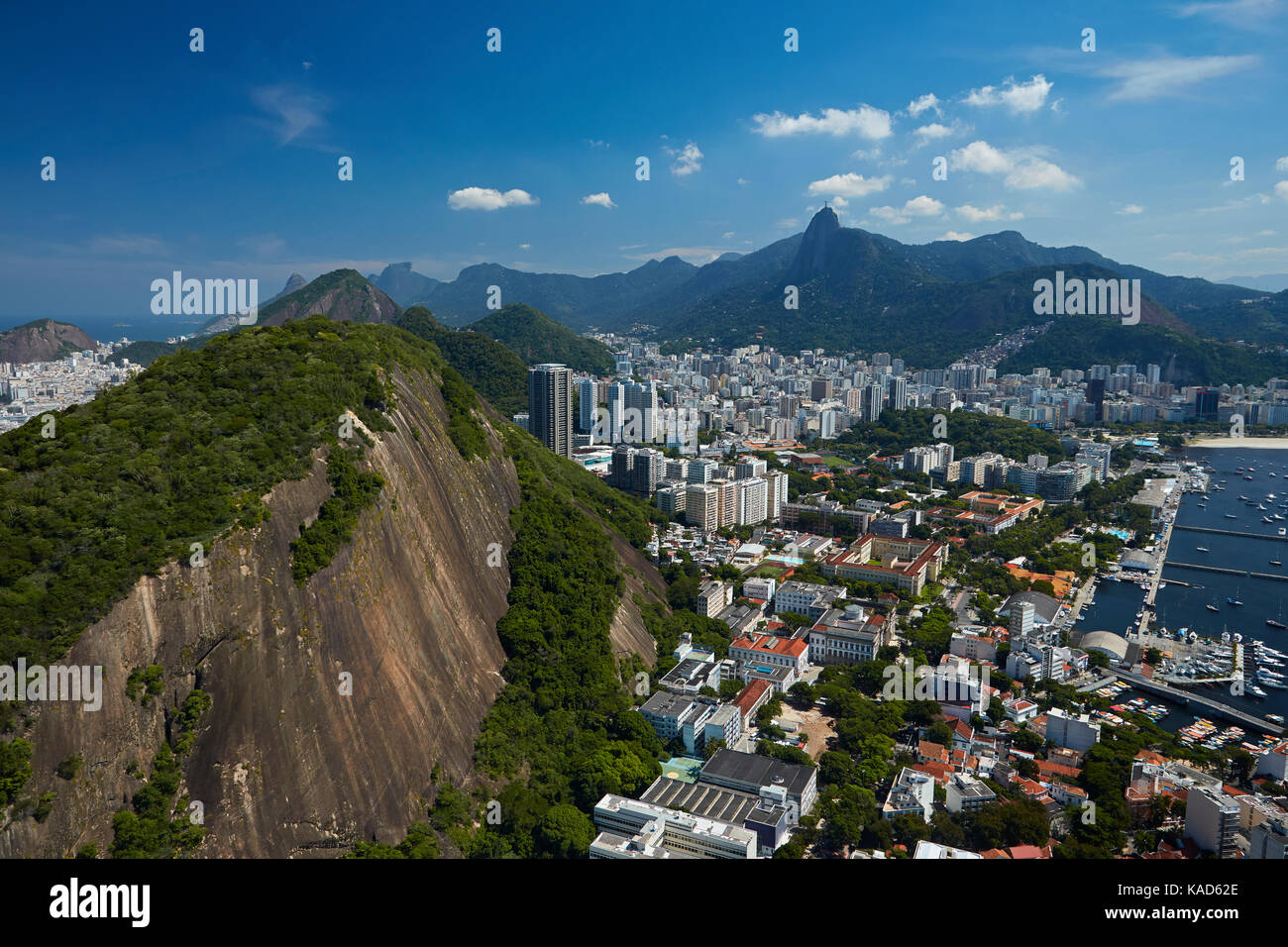 Sugarloaf Mountain (Pão de Açúcar), and Botafogo, Rio de Janeiro, Brazil, South America - aerial Stock Photo
