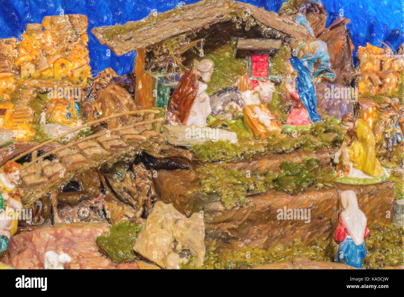 Christmas Nativity scene of baby Jesus in the manger with Saint Joseph ...