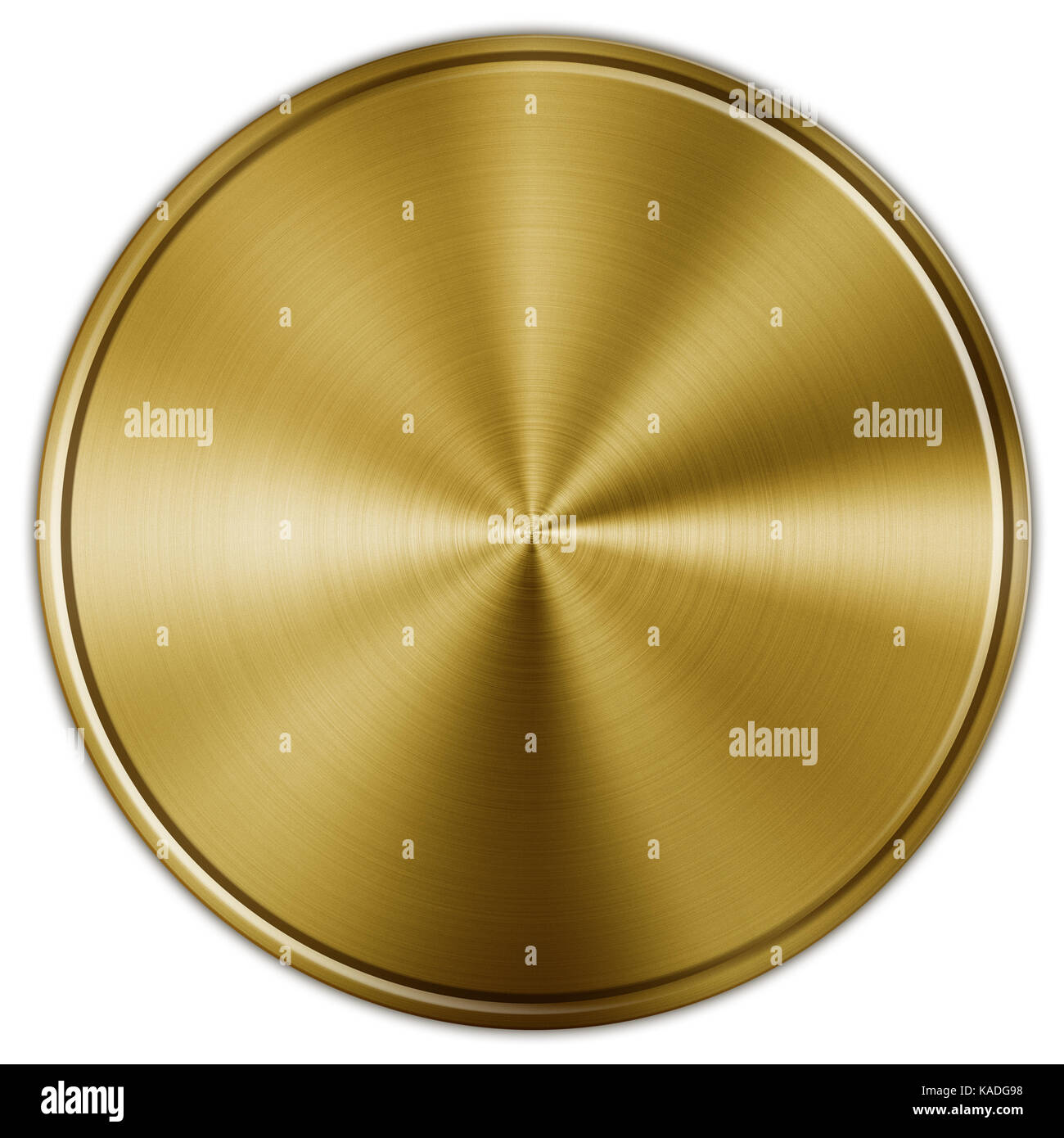 Shiny circular golden metal button on white Stock Photo