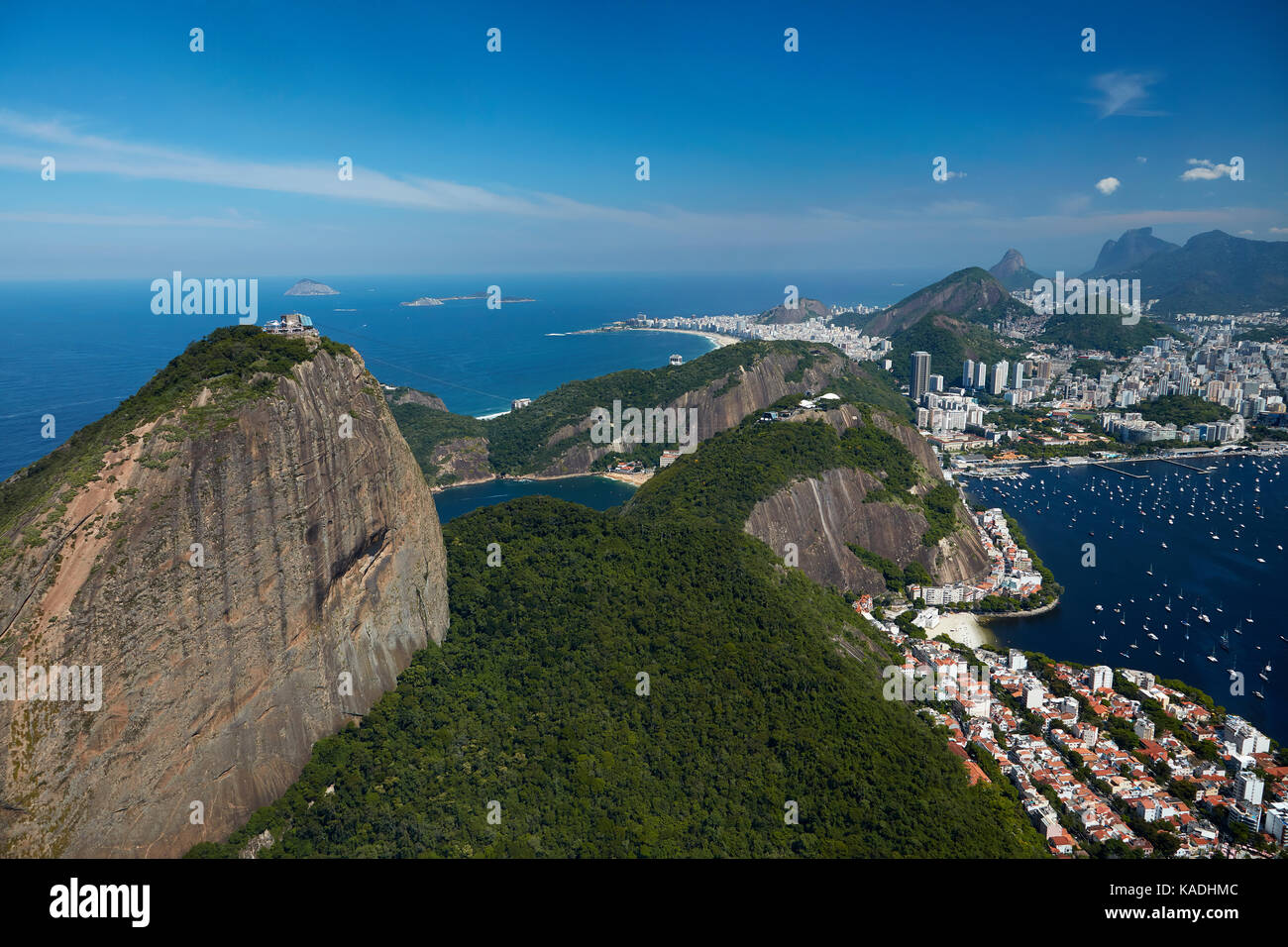 Sugarloaf Mountain (Pão de Açúcar), Urca, and Botafogo, Rio de Janeiro, Brazil, South America - aerial Stock Photo