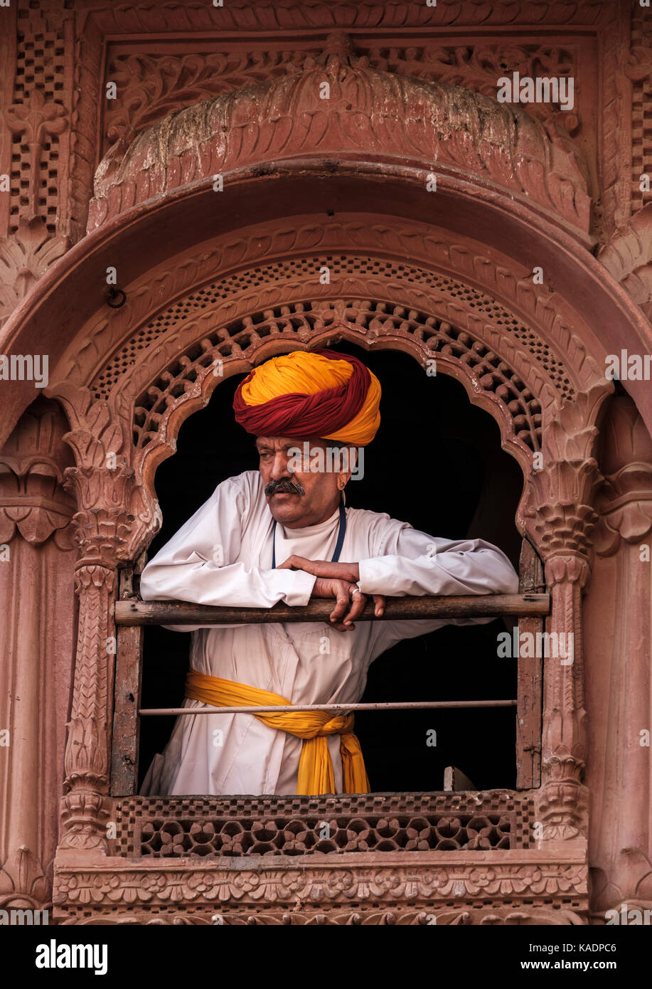 JODHPUR, INDIA - CIRCA NOVEMBER 2016:  Indian man in typical Rajasthani cloth a the Mehrangarh Fort in Jodphur Stock Photo
