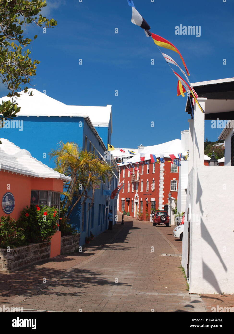 Assorted views of St. Georges, Bermuda with it's well known pastel structures and colorful decorations. Stock Photo