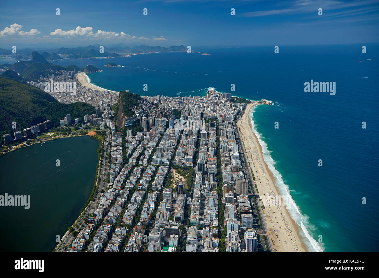 Rodrigo de Freitas Lagoon, and Ipanema, Rio de Janeiro, Brazil, South America - aerial Stock Photo