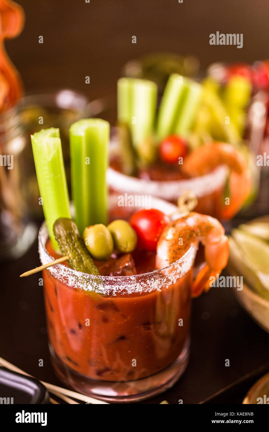 Bloody mary cocktail bar with variety of garnishes Stock Photo Alamy
