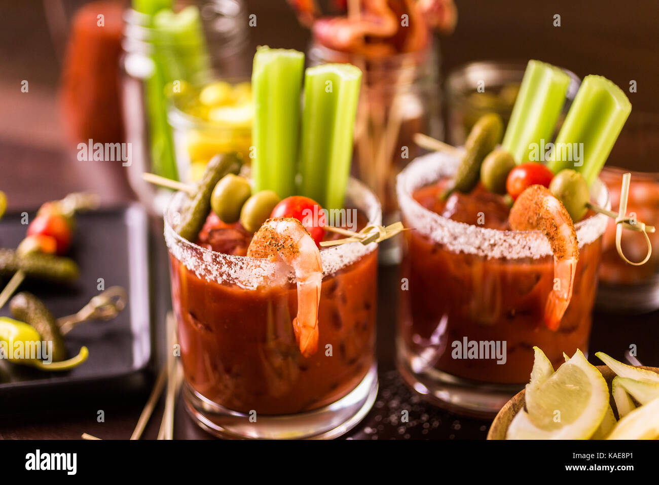 Bloody mary cocktail bar with variety of garnishes Stock Photo Alamy