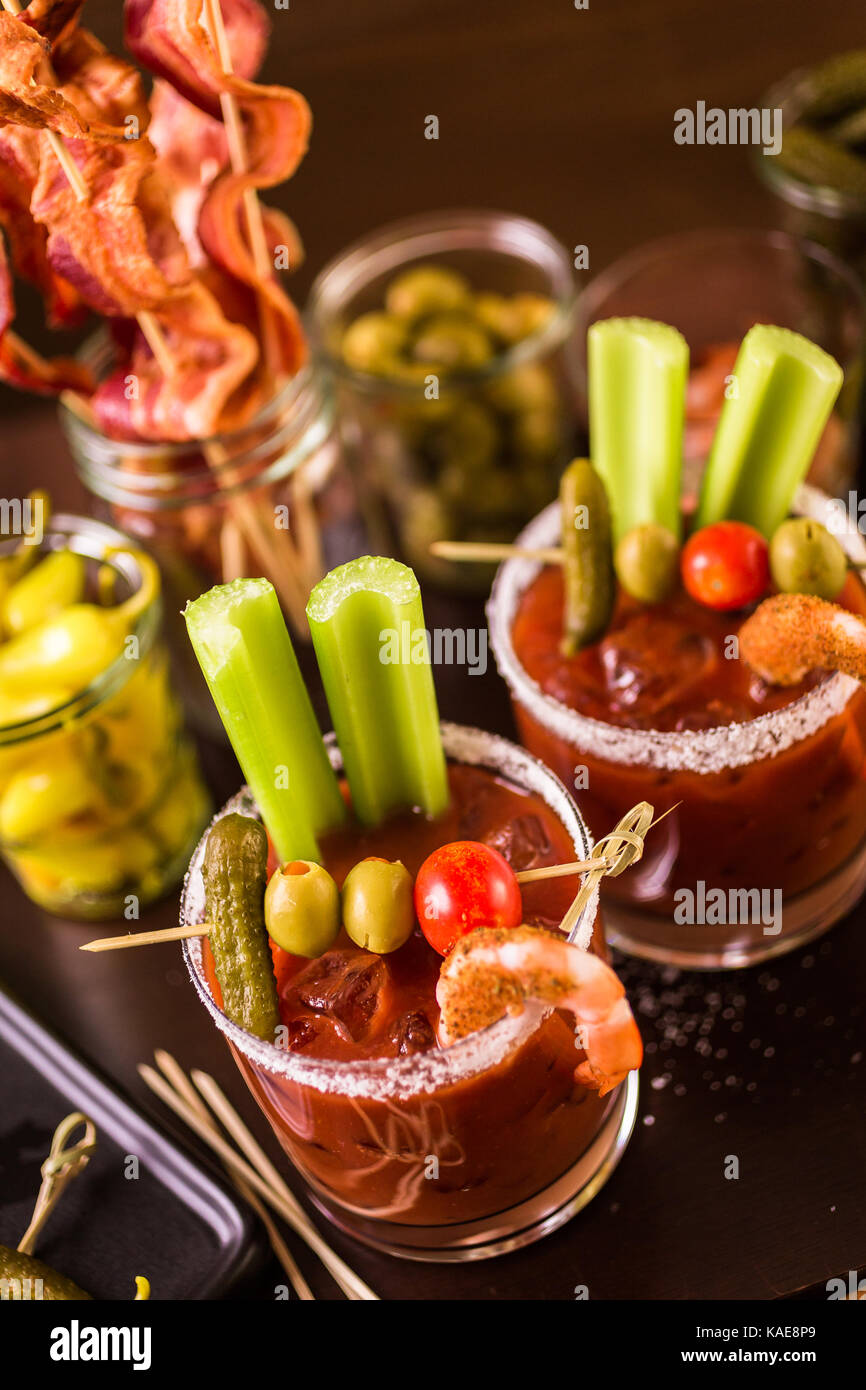 Bloody mary cocktail bar with variety of garnishes Stock Photo Alamy