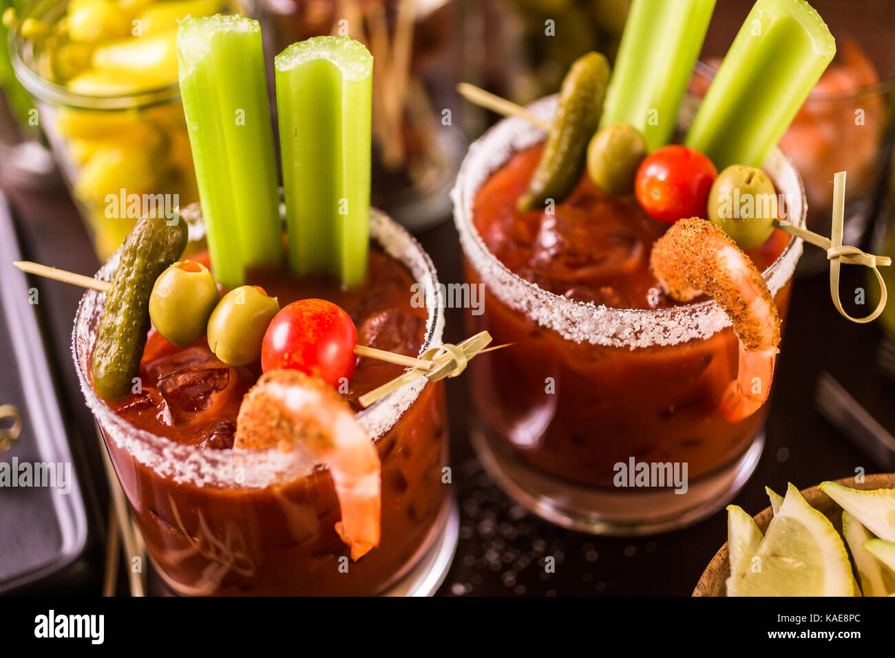 Bloody mary cocktail bar with variety of garnishes Stock Photo Alamy