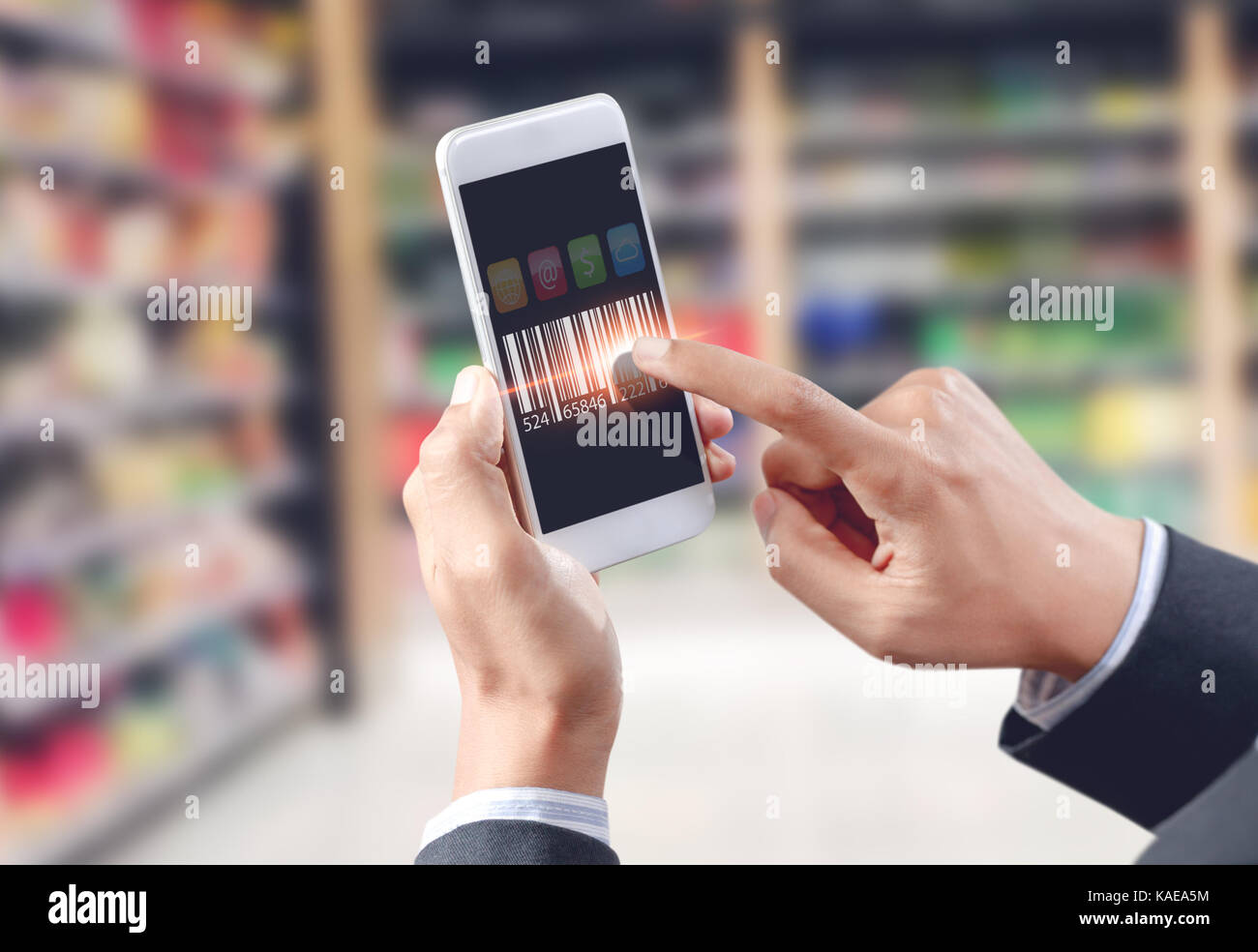 In Tiuch Bar Code Businessman touch barcode on mobile device, warehouse and logistics ...