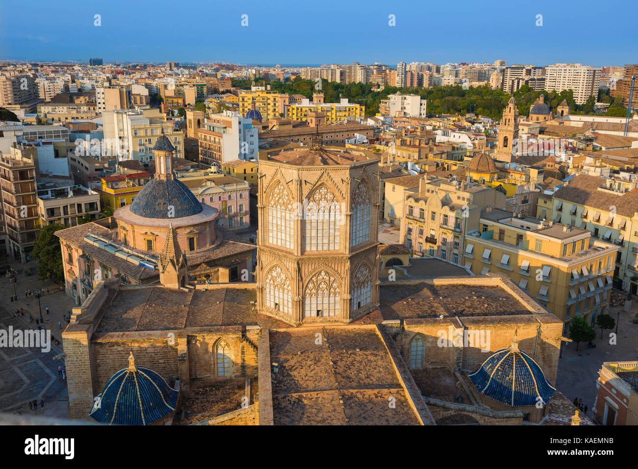 Valencia Spain city, view of the roof and medieval lantern tower of the cathedral in Valencia with the old town Barrio del Carmen area beyond, Spain. Stock Photo