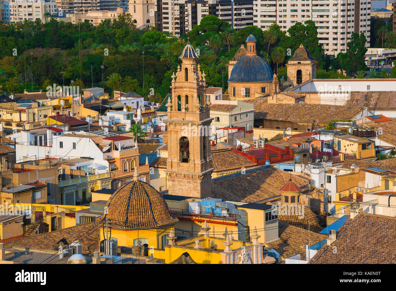 Valencia city view, aerial view of the centre of Valencia showing the rooftops and church domes of the Barrio del Carmen historic old town area, Spain Stock Photo