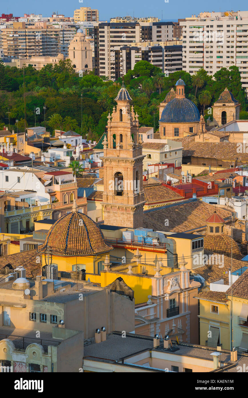 Valencia Spain city view, aerial view of Valencia showing the rooftops and church domes of the historic Barrio del Carmen old town area, Spain. Stock Photo