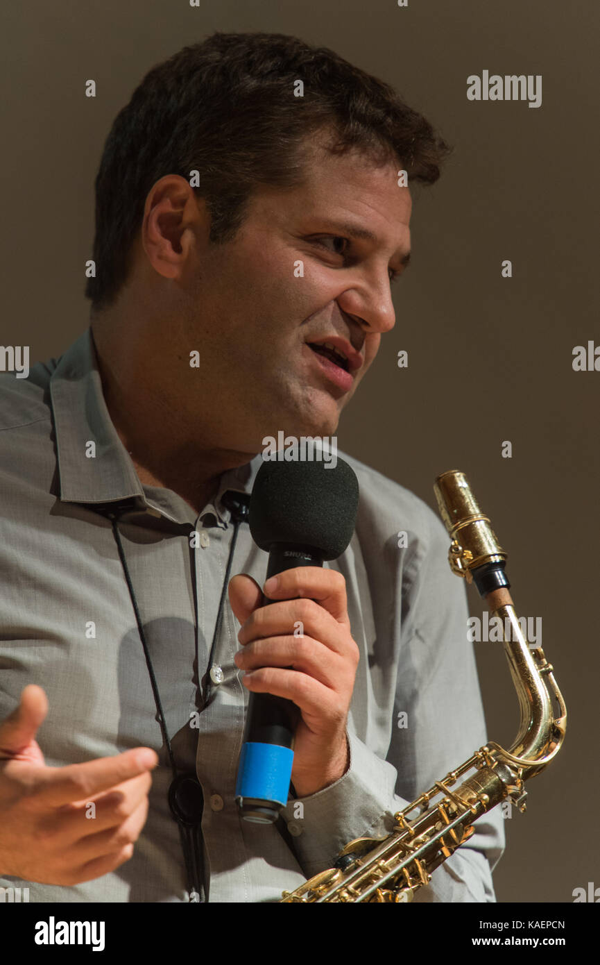 The Trombonist Fidel Fourneyron performed live on 23/9/2017 on the stage of the Casa del Jazz in Rome on the concluding night of a Franco-Italian jazz and improvised music festival 'Una Striscia di Terra Feconda'. With him on stage Cristiano Arcelli high sax (winner of the national competition MIDJ - National Association of jazz musicians), Francesco Diodati on guitar, Matteo Bortone on the double bass and Bernardo Guerra on drums. Cristiano Arcelli (Photo by Leo Claudio De Petris / Pacific Press) Stock Photo