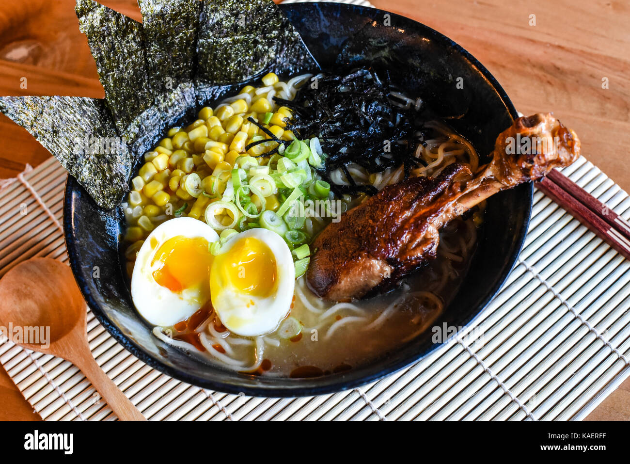 Chicken Miso Ramen, Flavor packed with a blended miso paste. Topped