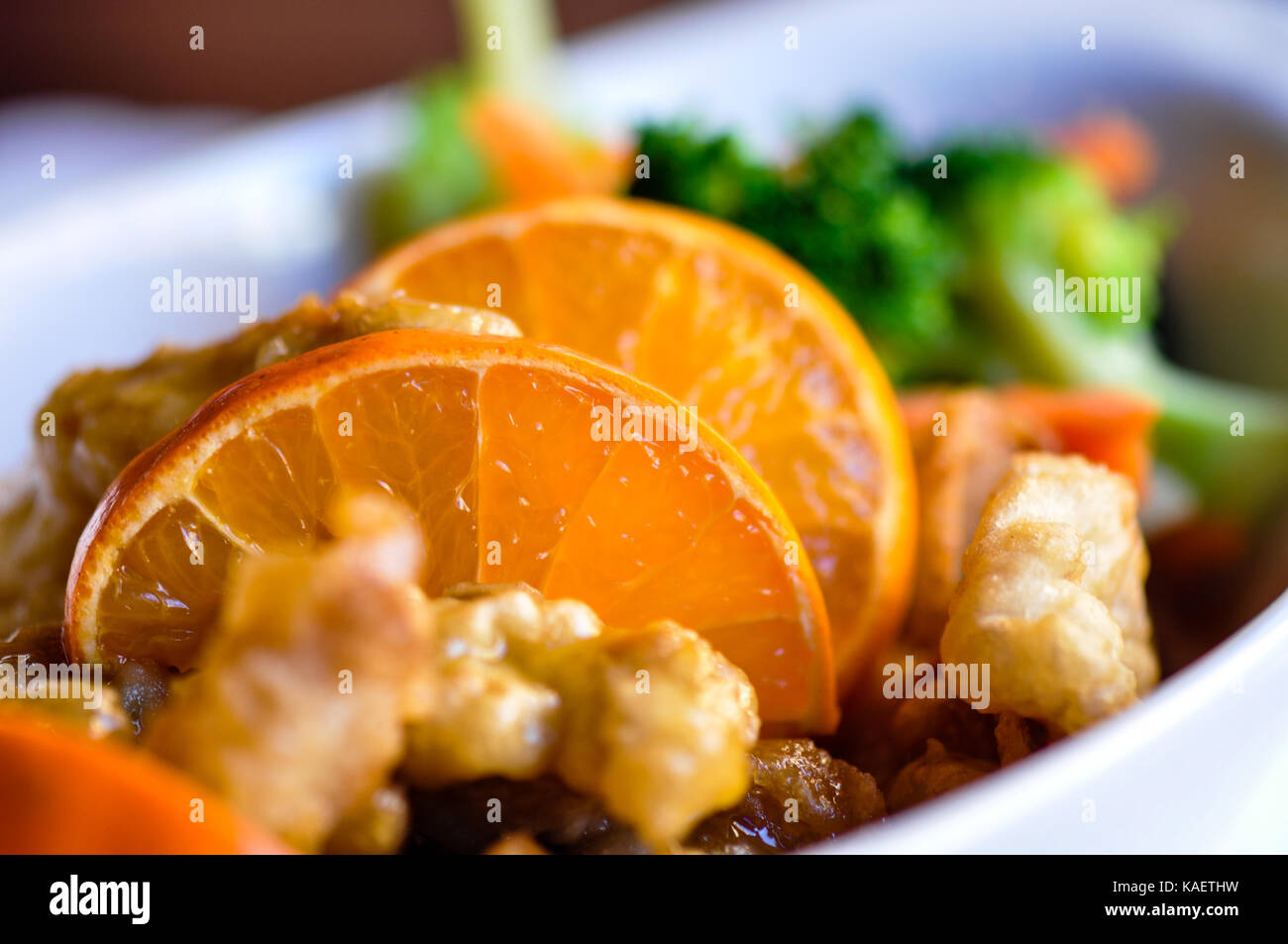 Orange Chicken, Light battered chicken with broccoli, carrot and orange