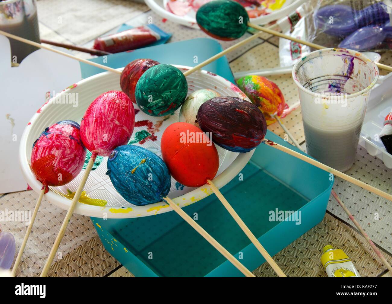 Easter eggs paint by kids Stock Photo