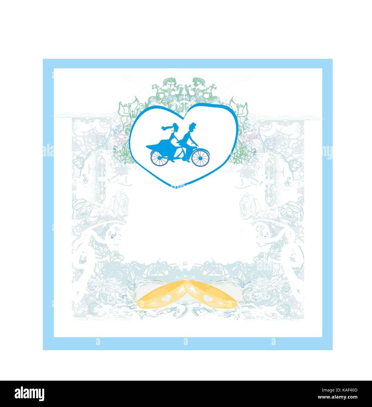 wedding invitation with bride and groom riding tandem bicycle Stock ...