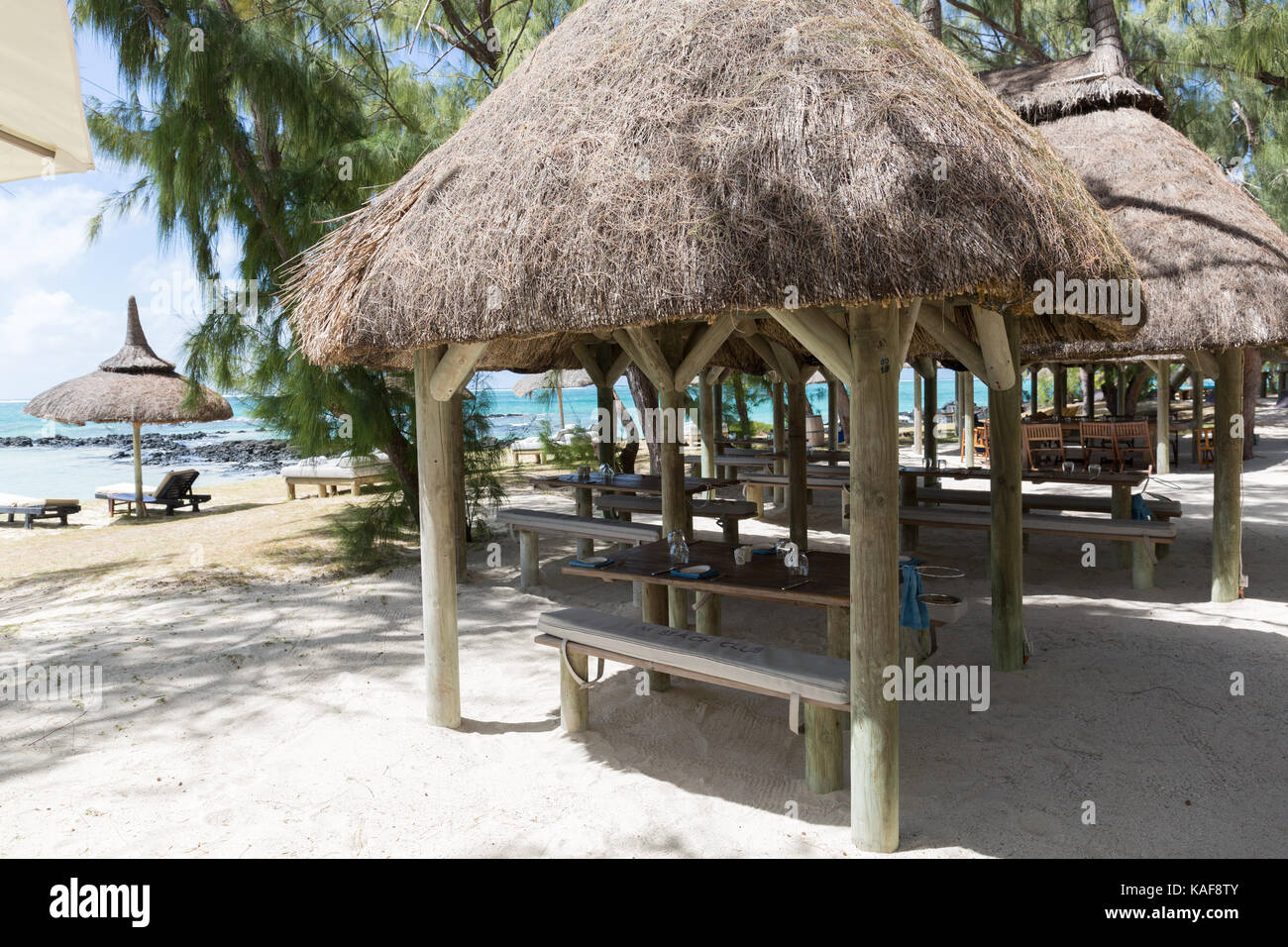 Beach restaurant at Ilot Mangenie, Le Tousserock Mauritius Stock Photo