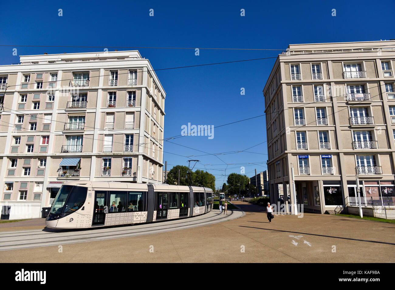 Le Havre (Normandy region, north western France): tram and buildings along the waterfront. Buildings designed by architect Auguste Perret: The town ce Stock Photo
