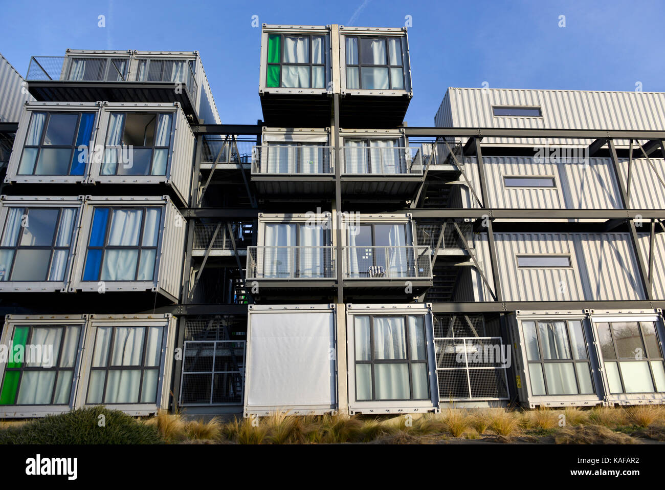 Le Havre (Normandy region, north western France): university accommodation A'Docks. Student housing block made from piled up shipping containers, desi Stock Photo