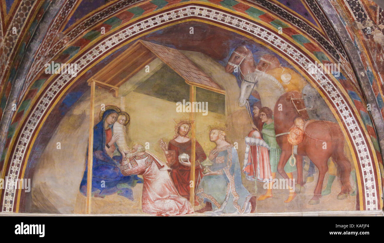 Renaissance Fresco depicting an Epiphany Scene, the Visit of the Three Kings, in the Collegiata of San Gimignano, Italy. Stock Photo