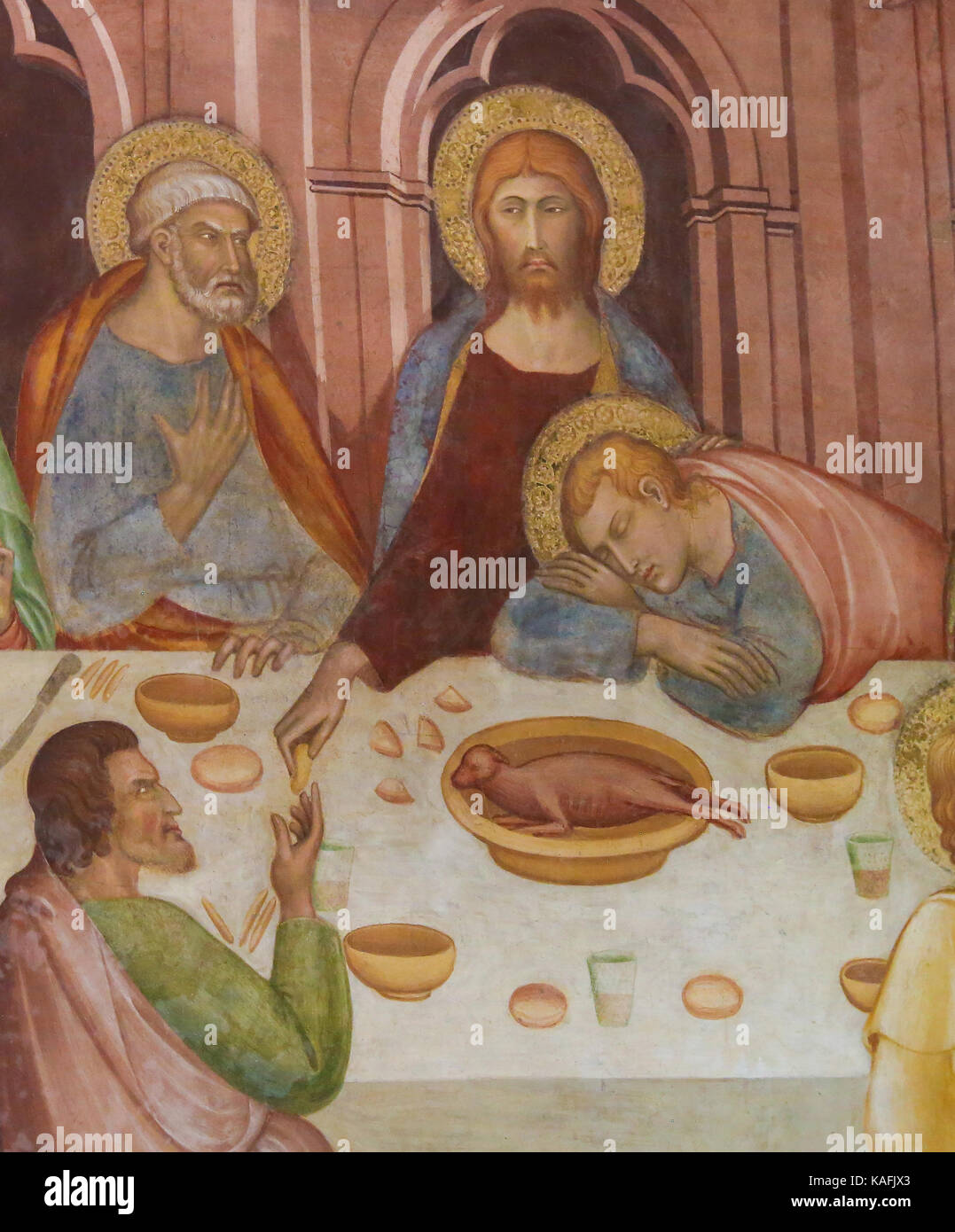 Renaissance Fresco depicting Jesus and the Apostles at the Last Supper, in the Collegiata of San Gimignano, Italy. Stock Photo