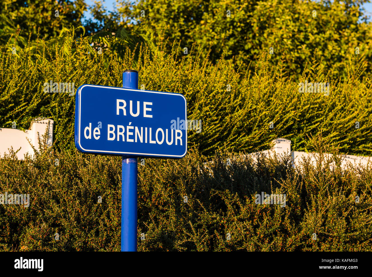 Road sign in evening sunlight, Brittany, France Stock Photo