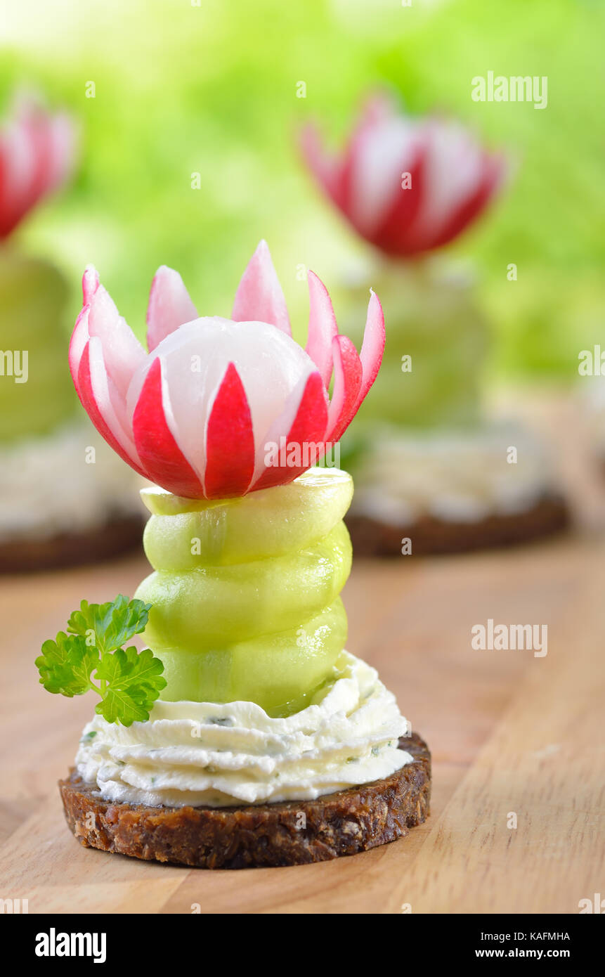 Decorated cheese appetizers: Spiced cream cheese with spiral cucumber and radishes blossoms on dark wholegrain bread Stock Photo