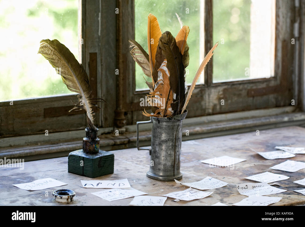 Writing desk and quills. Stock Photo