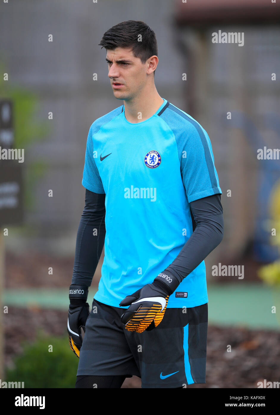 Chelsea goalkeeper Thibaut Courtois during the training session at Cobham Training Ground. Stock Photo