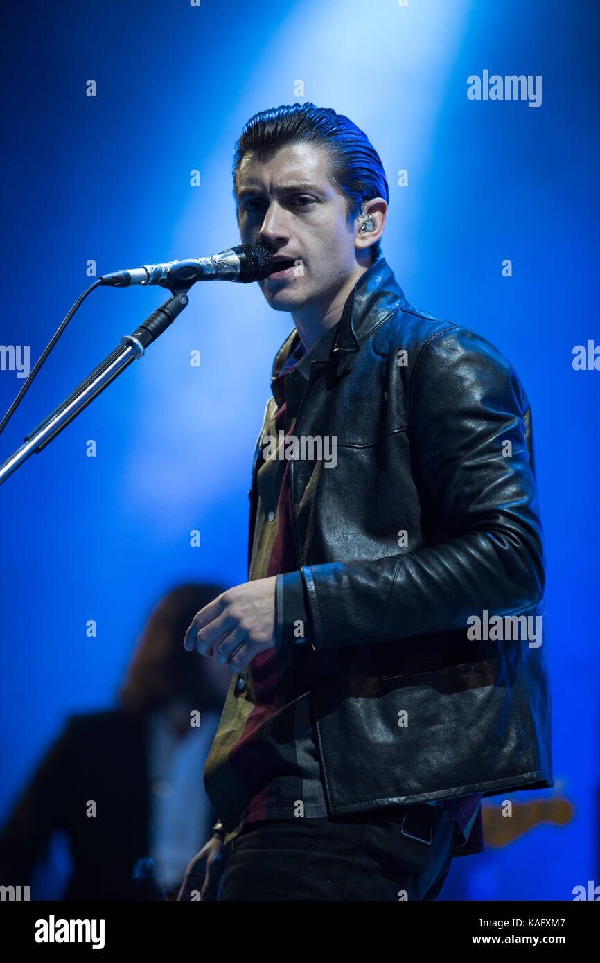 The English rock band Arctic Monkeys performs a live concert at the Orange Stage at Roskilde Festival 2014. Here frontman, singer and guitarist Alex Turner is pictured live on stage. Denmark 05/07 2014. Stock Photo