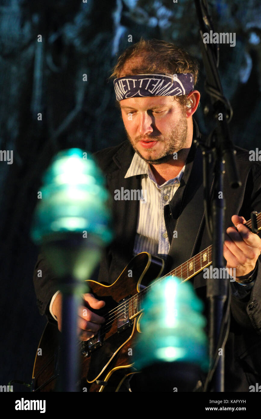 The American folk rock band Bon Iver performs a live concert at the Norwegian music festival Øyafestivalen 2012. Here vocalist and guitarist Justin Vernon is pictured live on stage. Norway, 11/08 2012. Stock Photo