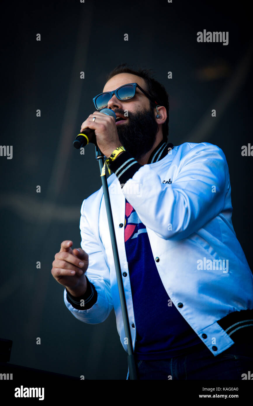 The American indie pop band Capital Cities performs a live concert at the German music festival Berlin Festival 2013. Here singer, songwriter and musician Sebu Simonian is pictured live on stage. Germany, 06/09 2013. Stock Photo