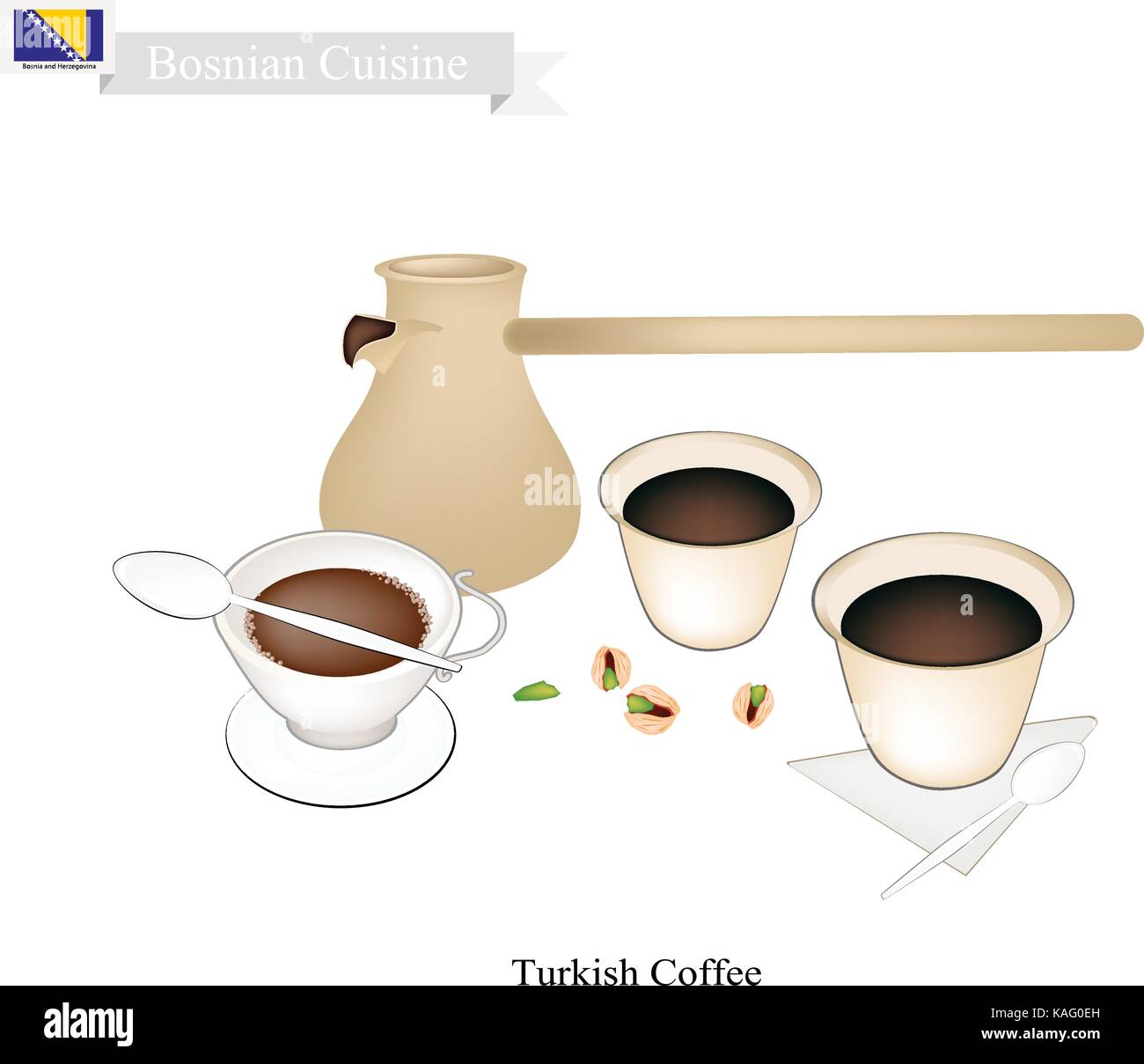 Bosnian Cuisine, Turkish Coffee with Cezve or Turkish Coffee Pot. One of The Popular Beverage in Bosnia and Herzegovina. Stock Vector