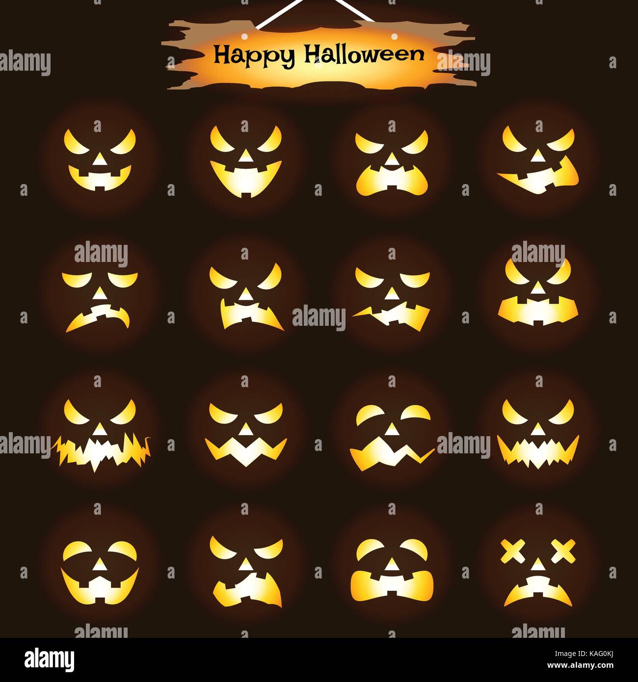 Vector Easy-To-Use 16 Flat Emoticons Of Jack O' Lantern Facial ...