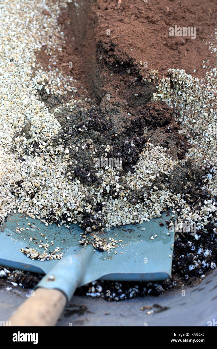 Perlite and Vermiculite mixed with potting mix ready to be used in the garden Stock Photo