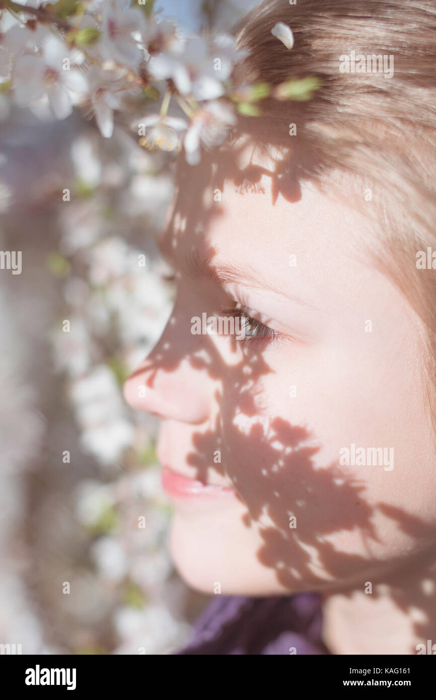 closeup girl face by springtime between blossom tree branches with focus on eye Stock Photo