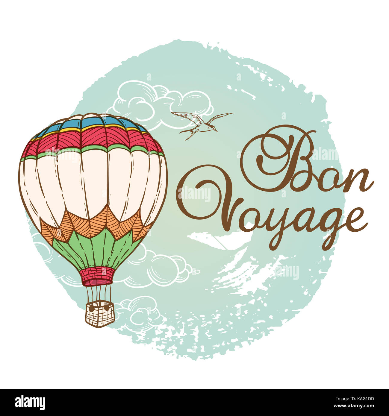 Travel background with air balloon and cloud. Hand drawn illustration. Stock Photo