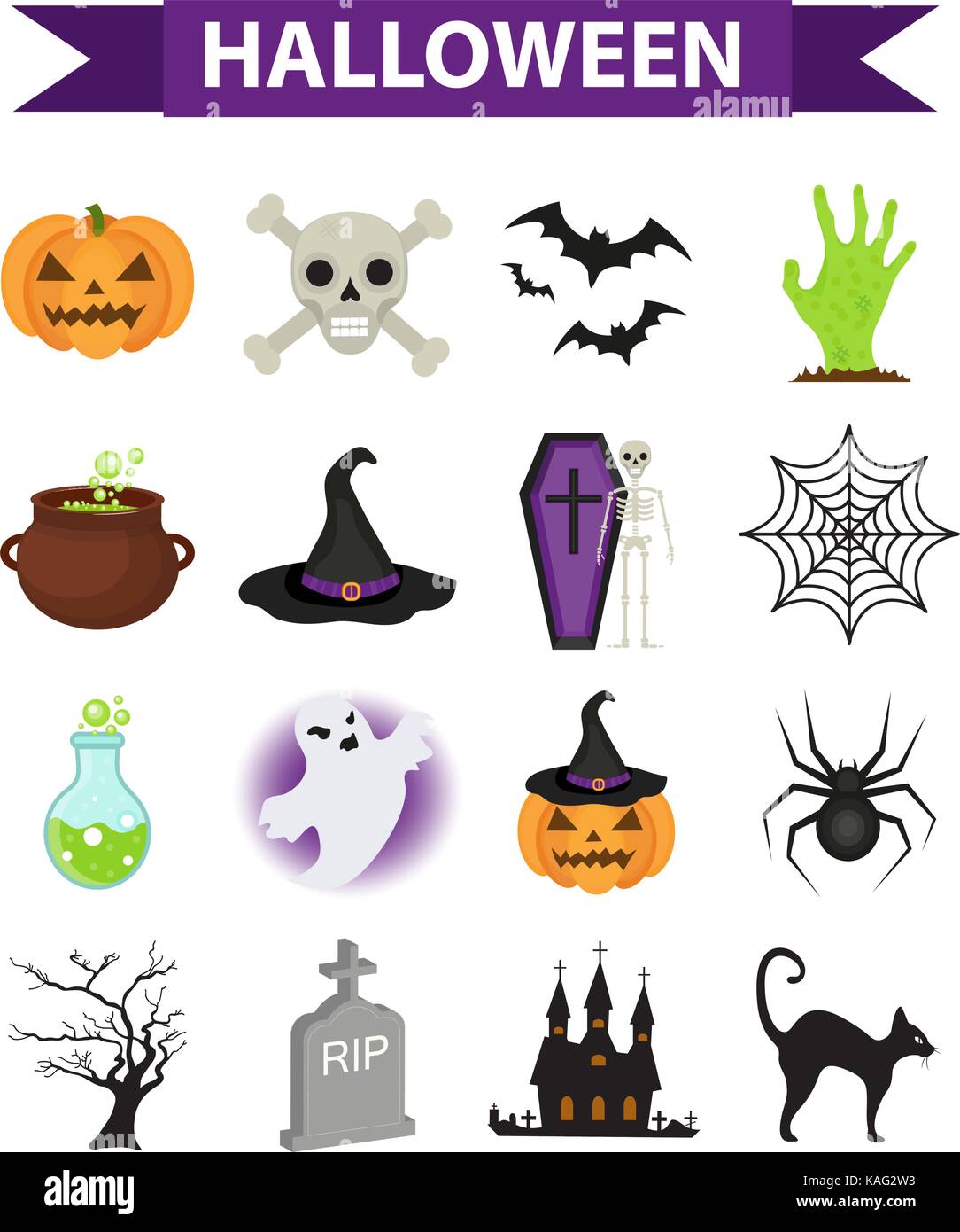Happy Halloween icons set, flat style. Isolated on white background ...