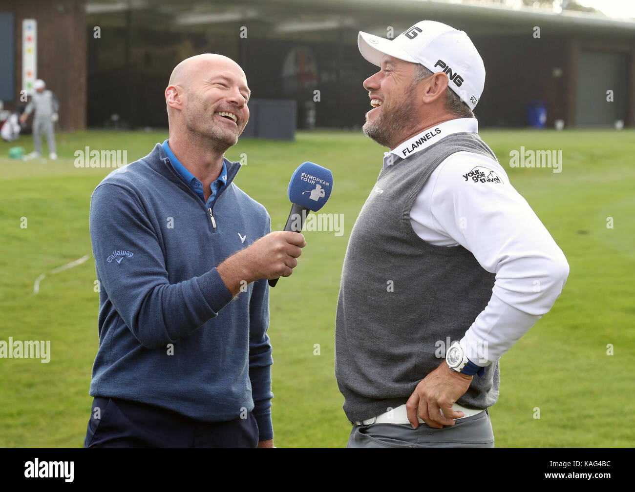 Alan Shearer Interviews England S Lee Westwood Right During A Stock Photo Alamy