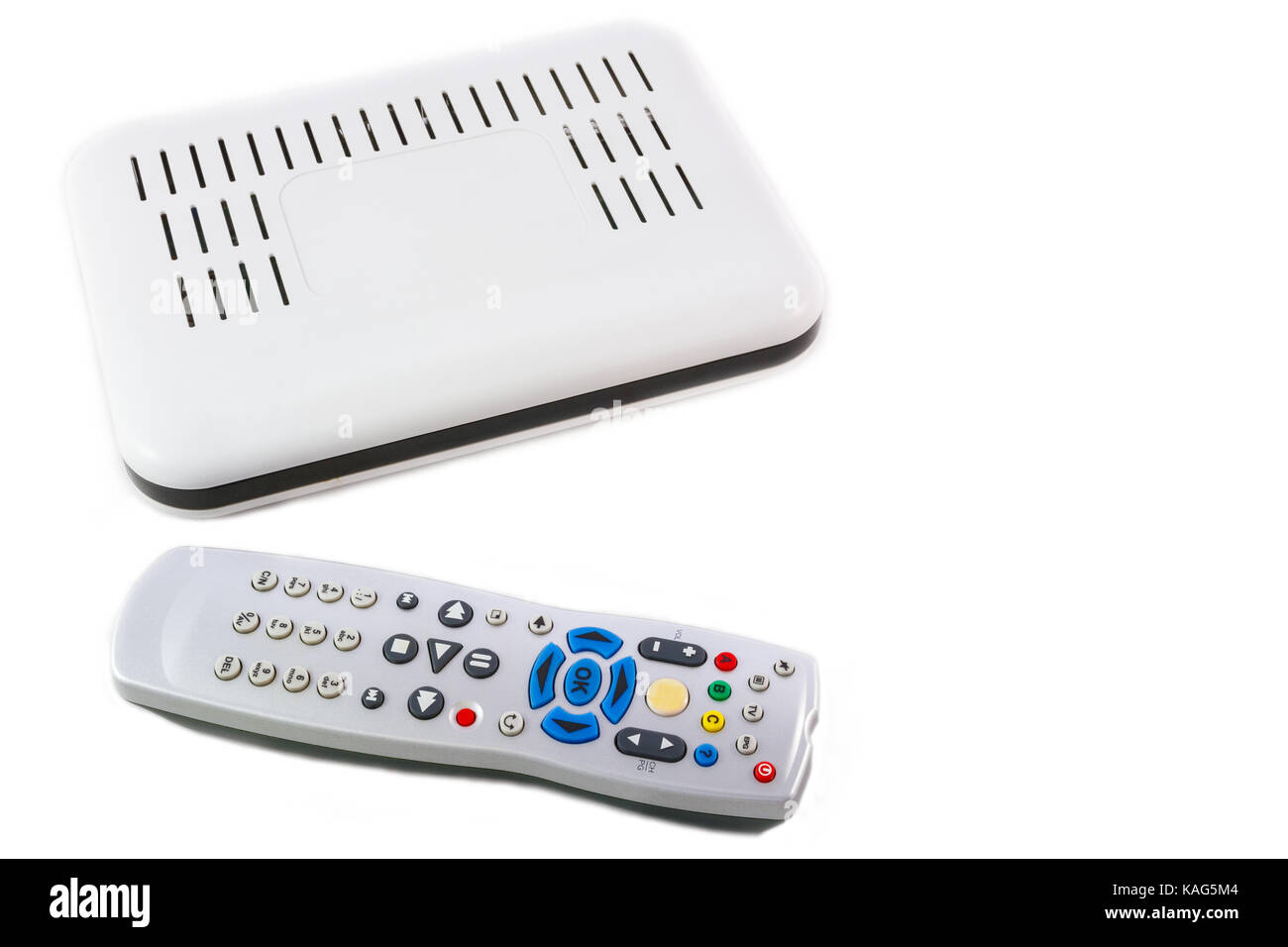 Remote and White Receiver for Internet TV (Set Top Box) on white background  top view Stock Photo - Alamy